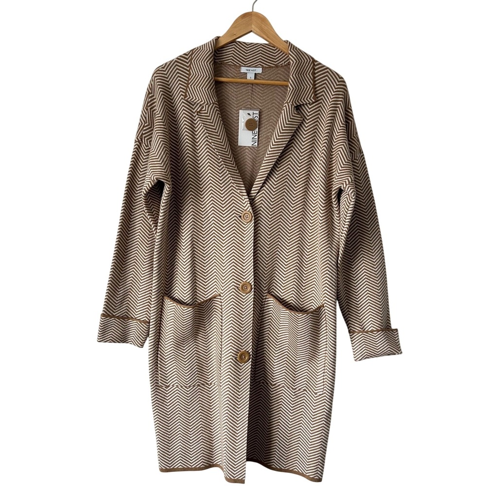 Nine West‎ Women's Small NEW WT Chevron Knit Longline Cardigan Sweater Tan White